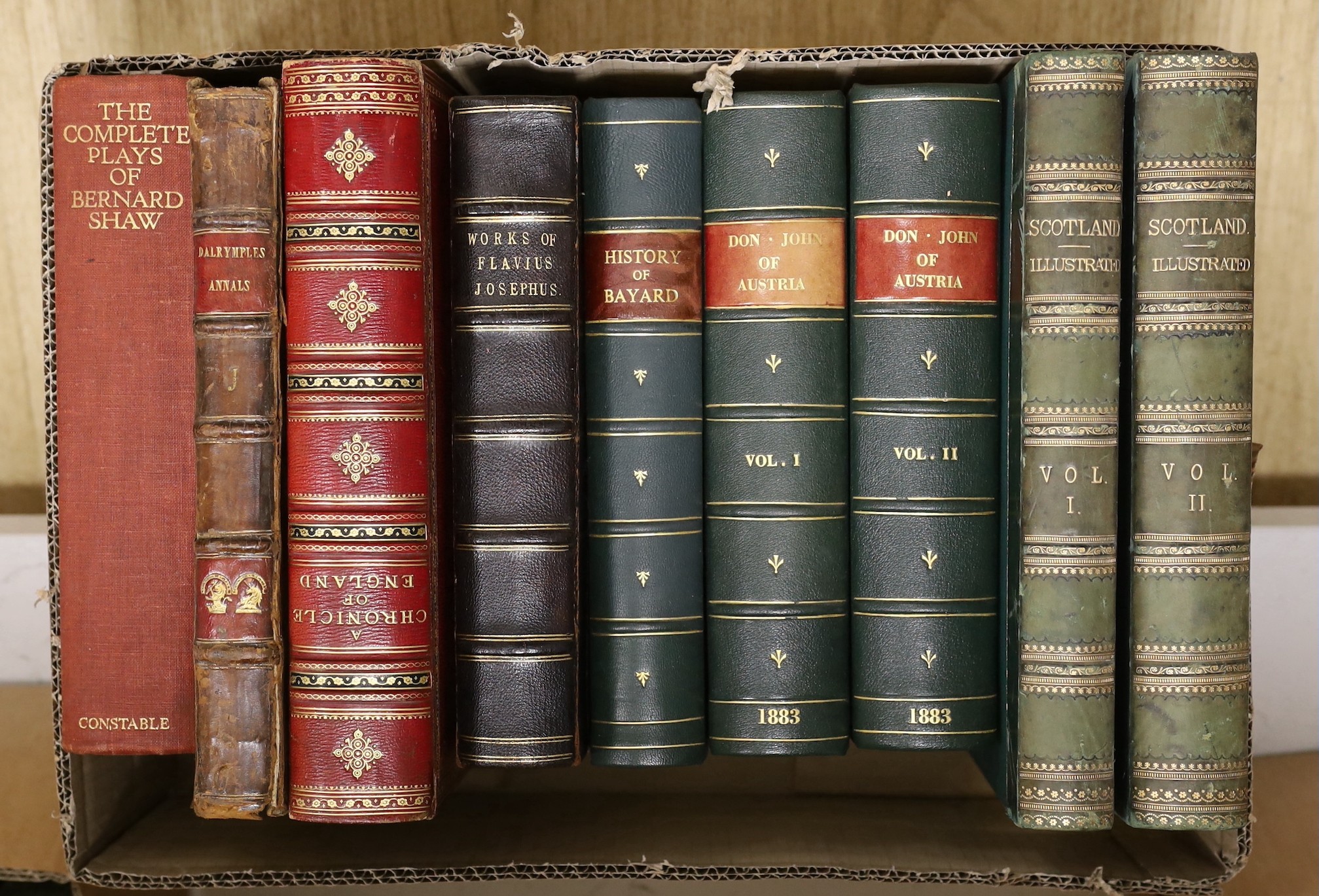 A collection of leather bound books to include: Seven Pillars of Wisdom, Gallery of Portraits, A Chronicle of England, History of England and Utopia